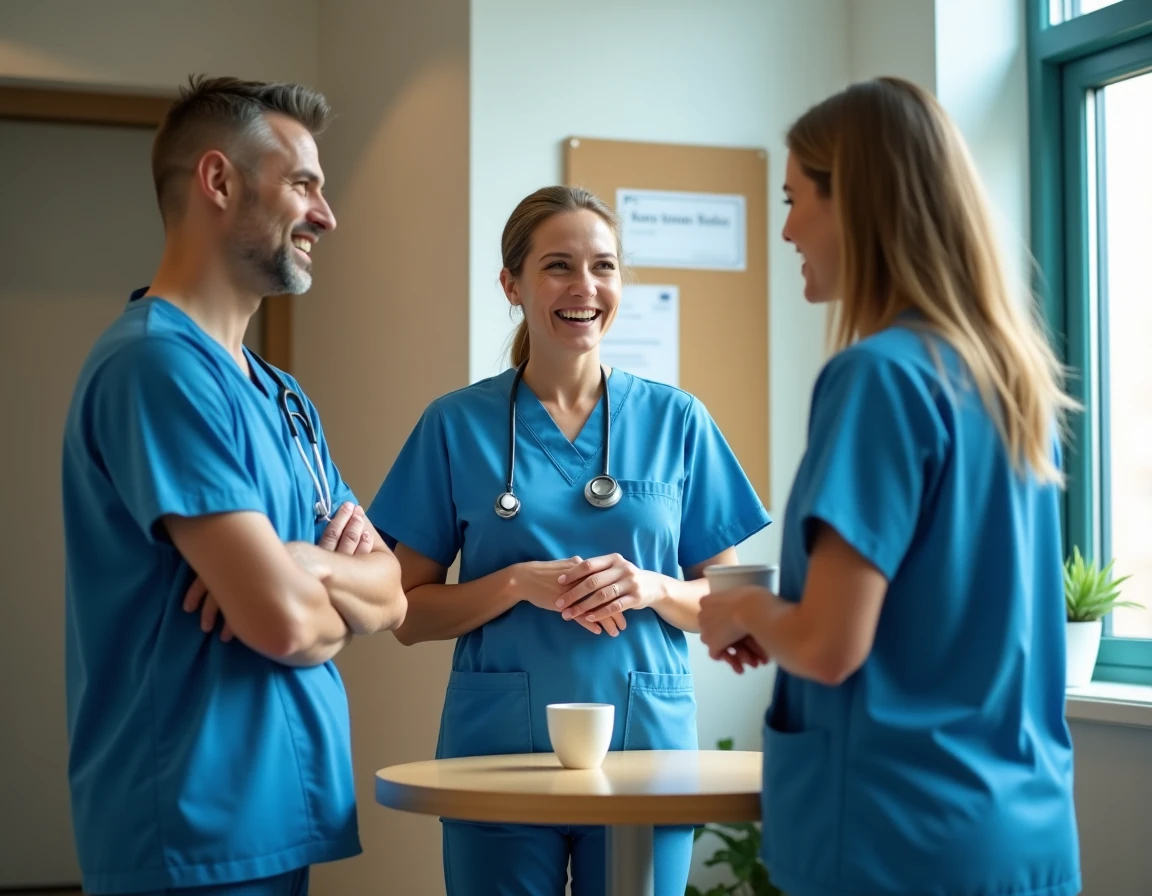 Équipe soignante pluridisciplinaire dans une salle de pause hospitalière représentant les différents métiers concernés par la revalorisation salariale Ségur