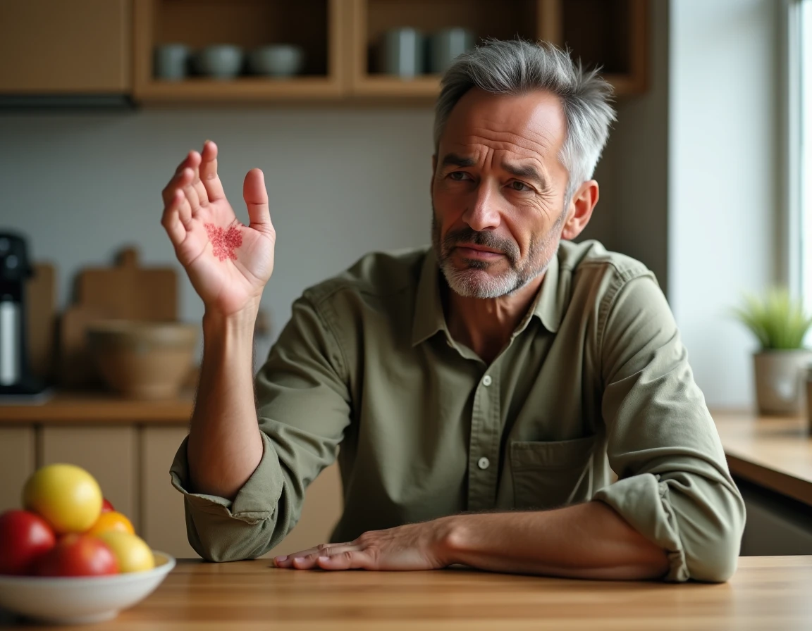 Homme examinant une éruption cutanée allergique sur la main dans une cuisine, expression préoccupée mais calme