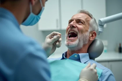 Dentiste examinant la cavité buccale d'un patient pour détecter des signes précoces de cancer de la langue