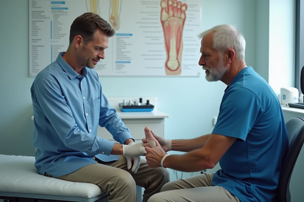 Podologue examinant le bord extérieur du pied d'un patient en consultation médicale