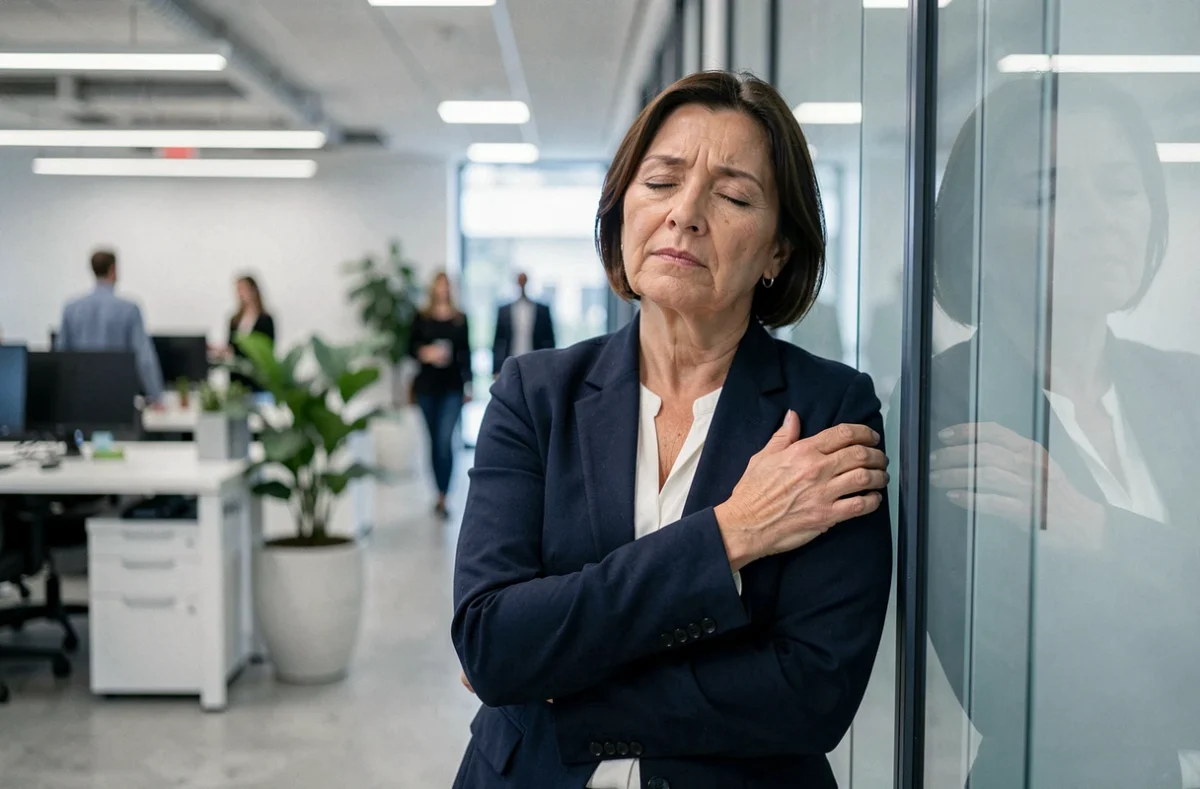 Femme stressée en milieu professionnel appuyée contre une cloison vitrée tenant son épaule gauche de fatigue