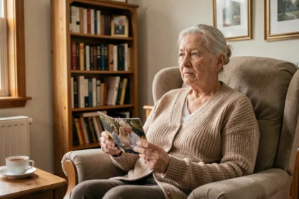 Femme âgée assise dans un fauteuil tenant une photo de famille, évoquant les troubles cognitifs liés à la maladie d'Alzheimer et l'anosognosie