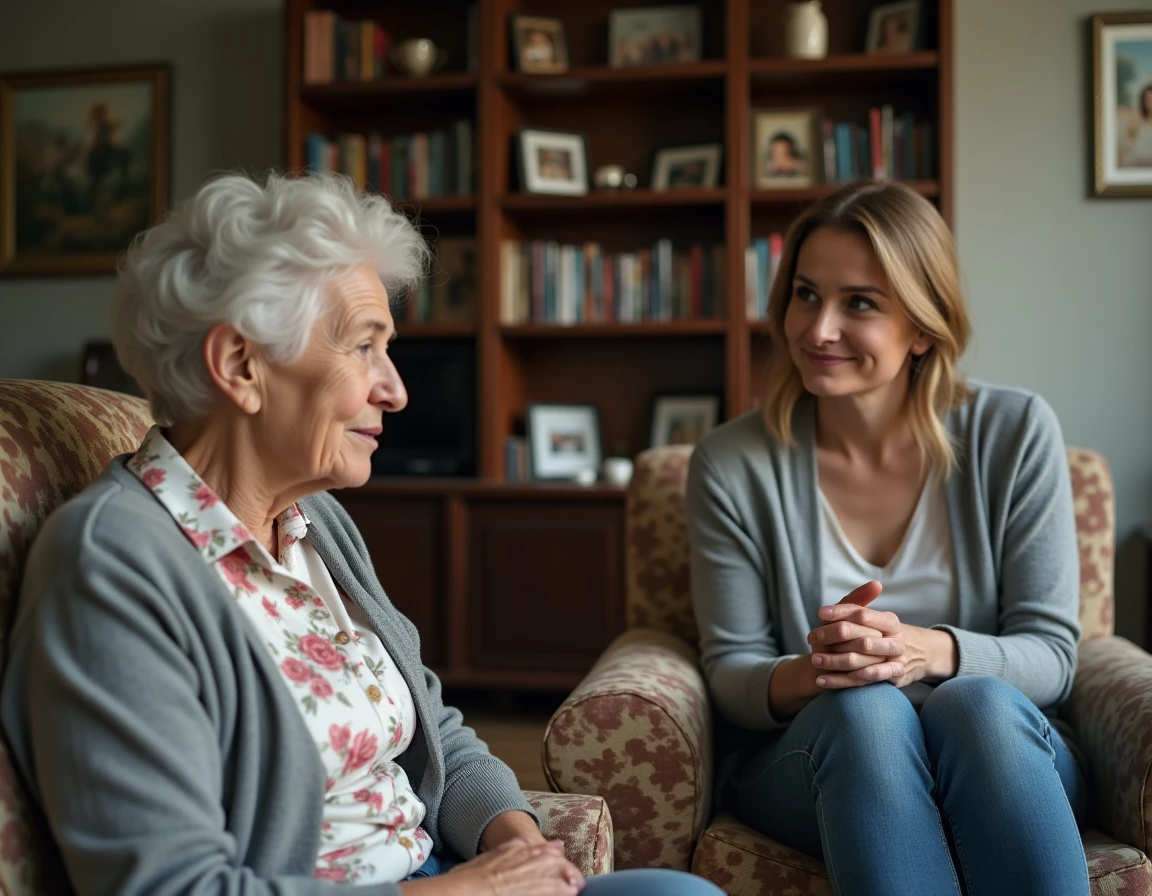 Une femme âgée répète inlassablement les mêmes histoires à une jeune femme dans un salon familial, évoquant la répétition compulsive et la mémoire des personnes âgées