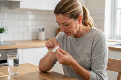 Femme de 45 ans appliquant un patch de berbérine sur le bras dans une cuisine moderne, illustrant l'utilisation quotidienne du patch pour la glycémie et le cholestérol