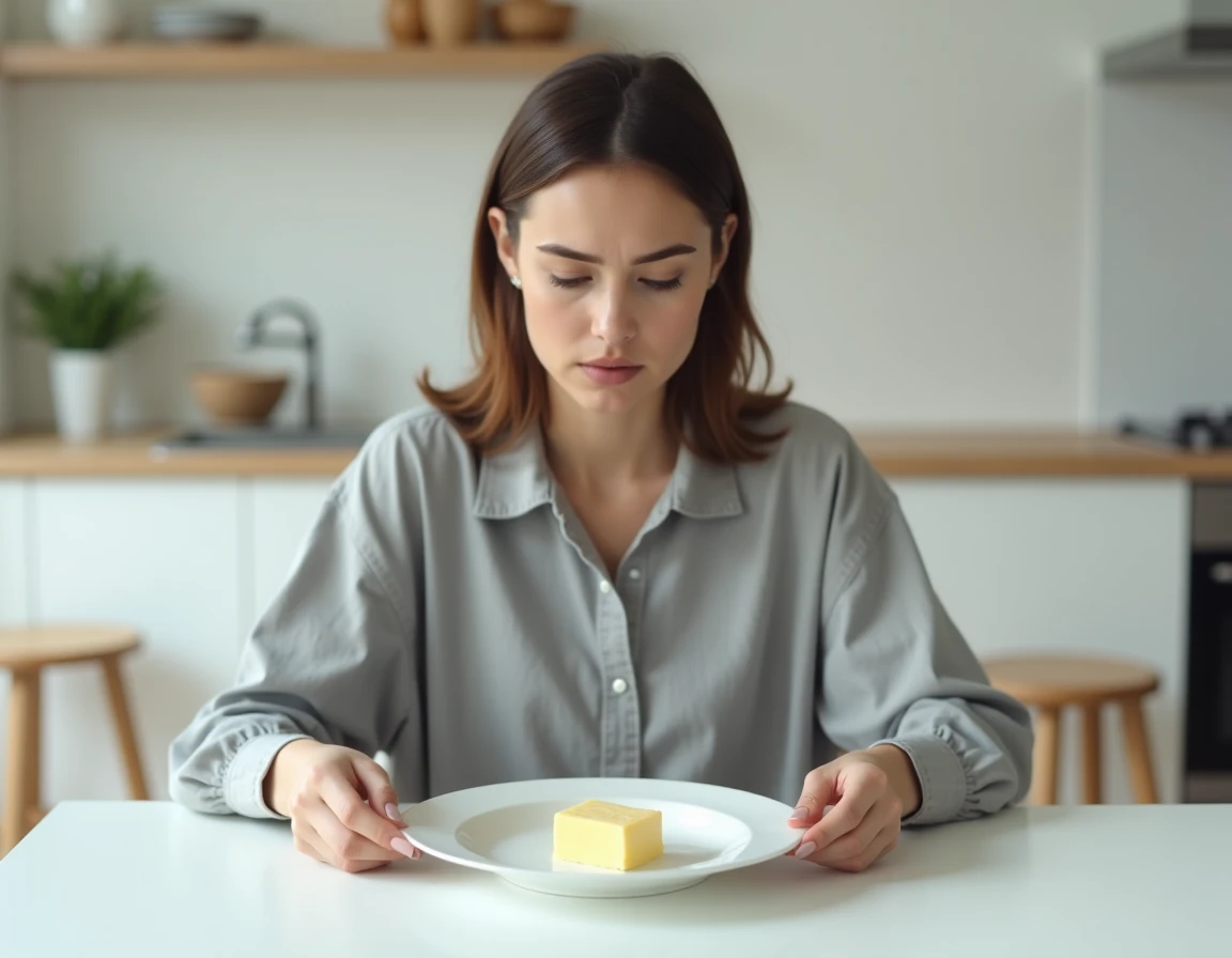 Femme assise devant une assiette contenant uniquement du beurre, illustrant les effets d'un régime alimentaire exclusif au beurre