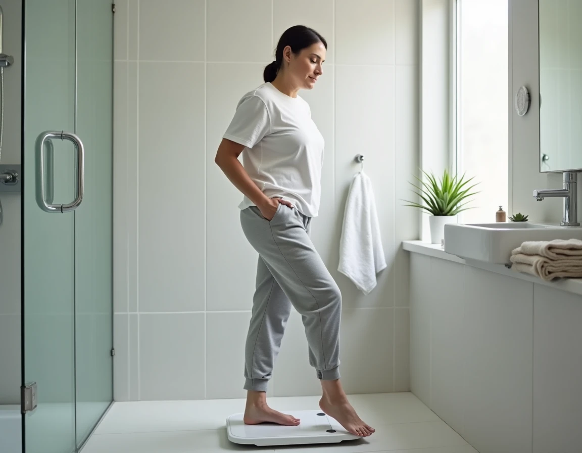 Femme se pesant sur une balance dans une salle de bain minimaliste, résultats de la chrononutrition
