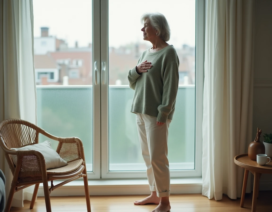 Femme debout pieds nus chez elle, main sur le cœur, dans un état de bien-être et de recentrage après une séance de magnétisme