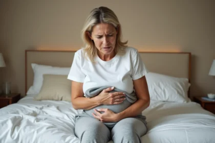 Femme tenant une bouillotte sur le ventre en cas de constipation sévère et douleurs abdominales