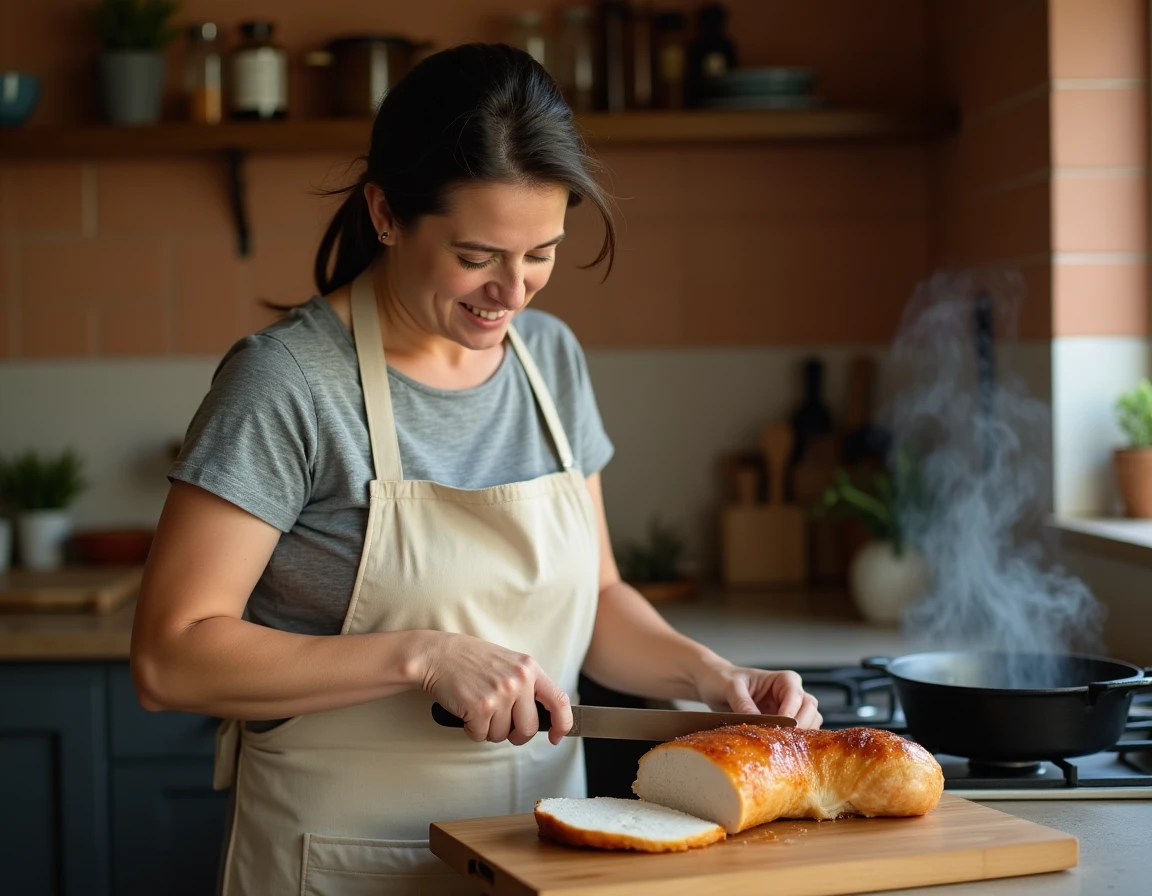 Femme découpant un blanc de dinde cuit dans une cuisine familiale, illustrant une alimentation saine à base de volaille maigre