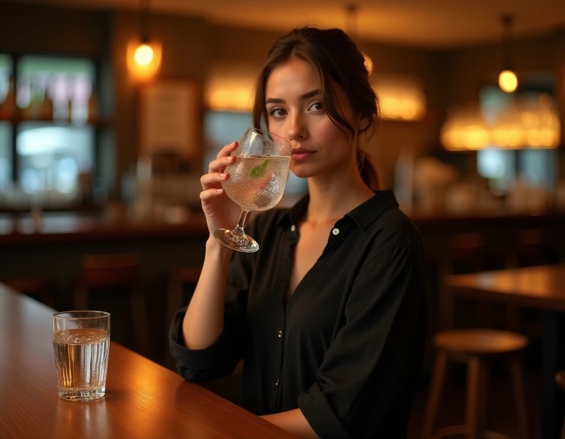 Jeune femme buvant de l'eau pétillante au bar à côté d'un cocktail, illustration de l'hydratation après l'alcool