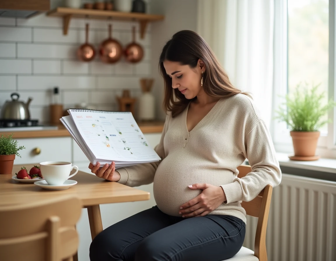 Femme enceinte consultant un calendrier prénatal à la cuisine pour connaître la semaine d'accouchement la plus probable