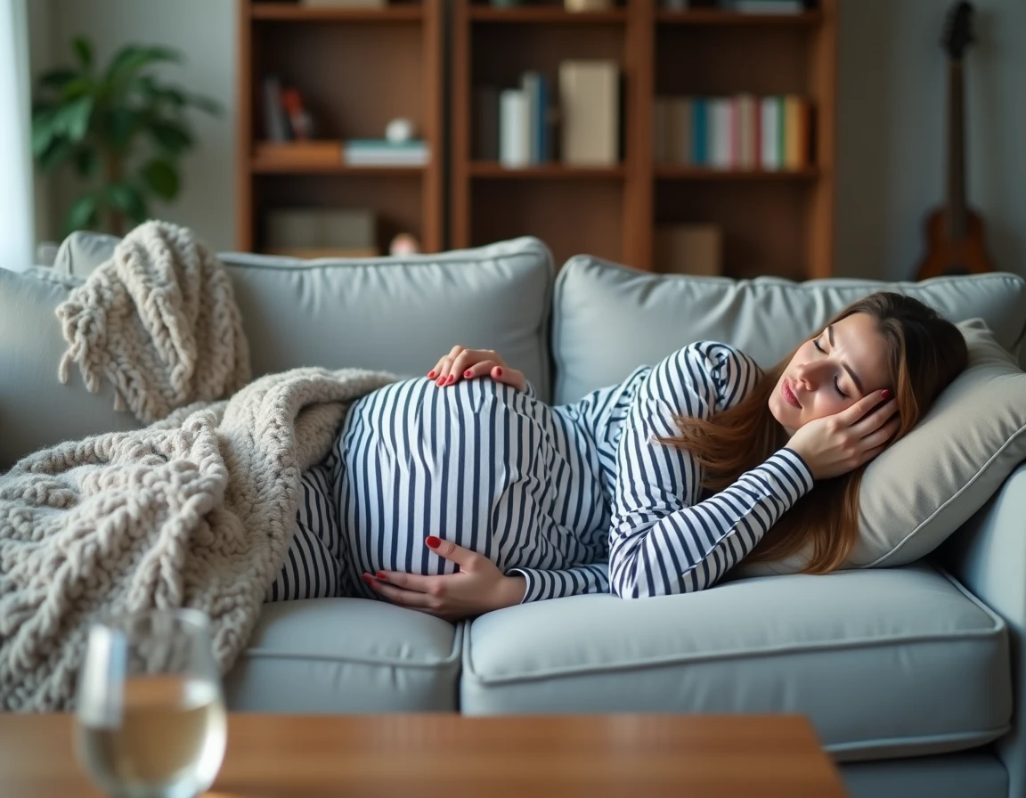 Femme enceinte allongée sur un canapé avec une couverture tricotée, expression de fatigue et d'inconfort dues aux vomissements de grossesse