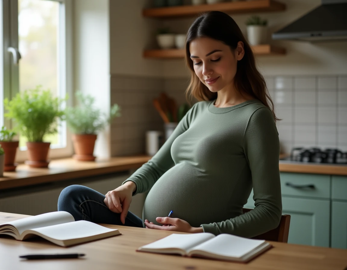 Femme enceinte de jumeaux assise à une table de cuisine, prenant des notes dans un journal sur ses symptômes de grossesse