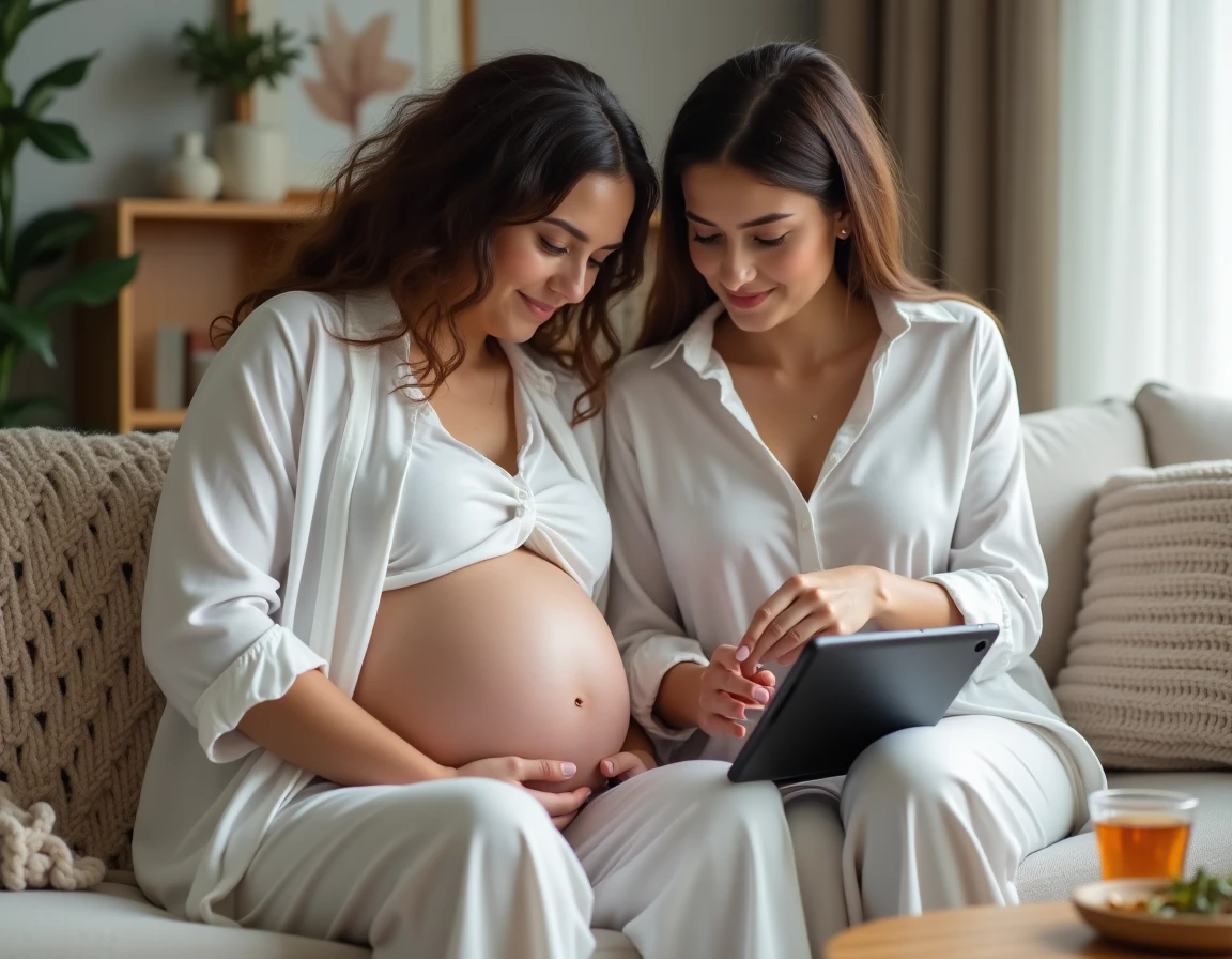 Femme enceinte de jumeaux et son amie consultant une liste de symptômes sur une tablette dans un salon chaleureux
