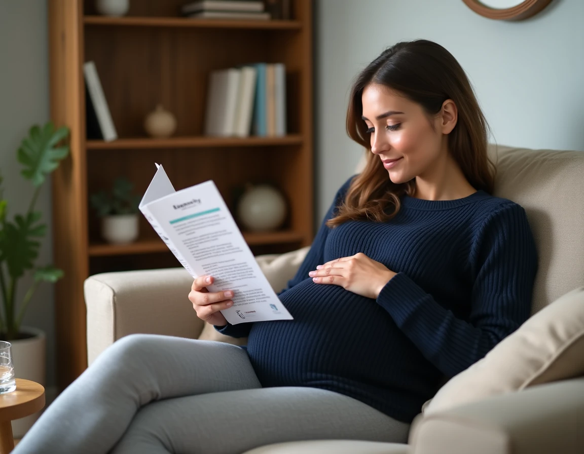 Femme enceinte chez elle lisant une brochure d'information sur les maladies dangereuses pendant la grossesse