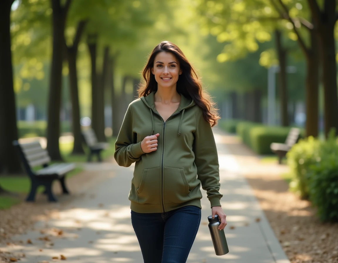 Femme enceinte se promenant dans un parc urbain avec une bouteille d'eau dans le cadre de sa routine santé