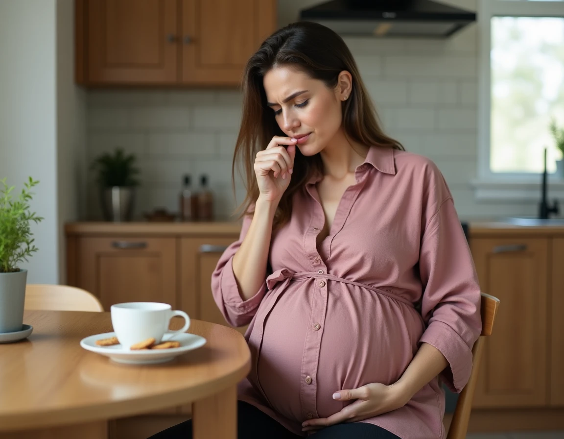 Femme enceinte assise à la table de cuisine avec une tasse de tisane, expression d'inconfort liée aux nausées matinales