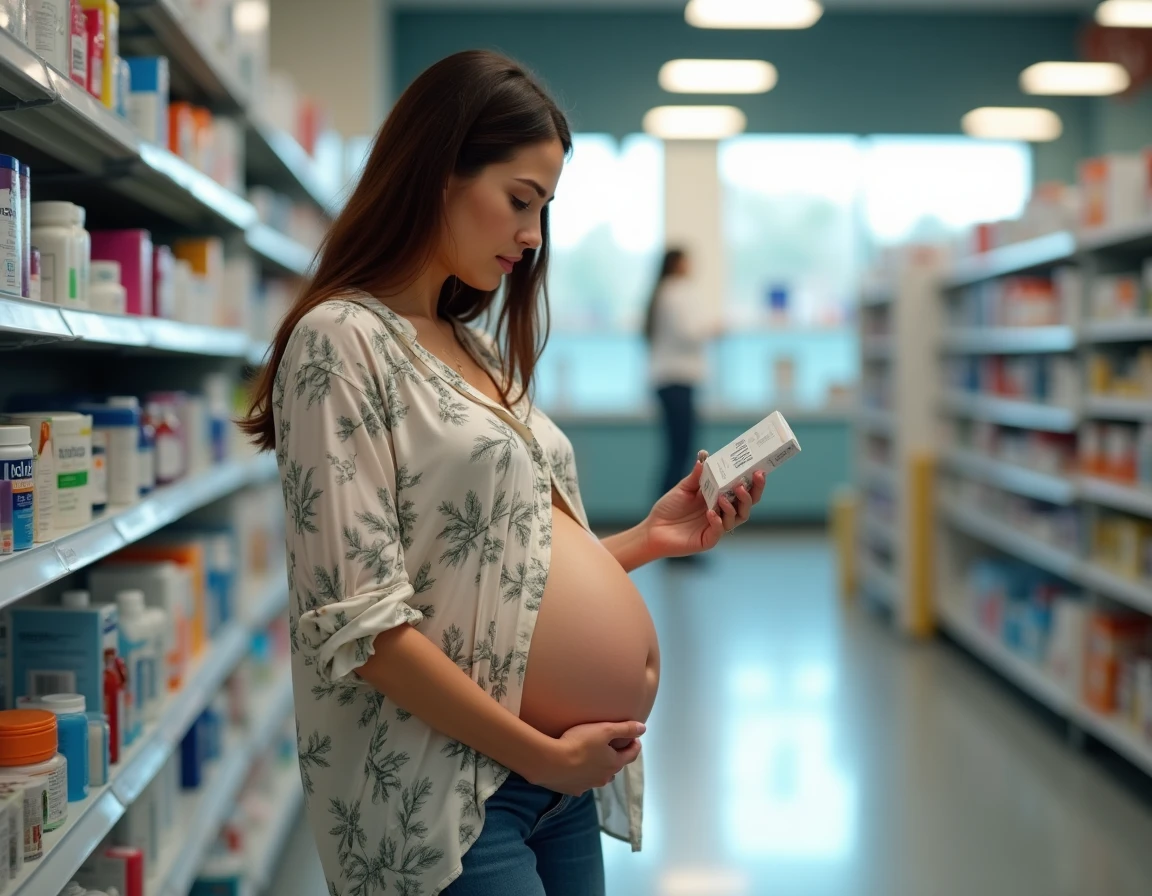 Femme enceinte en pharmacie vérifiant un médicament pour protéger sa santé durant la grossesse