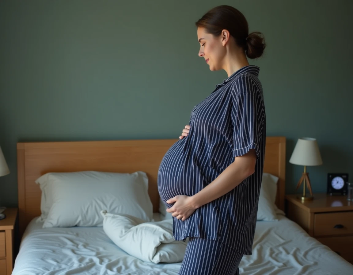 Femme enceinte en pyjama préparant son oreiller de grossesse avant de se coucher le soir dans sa chambre