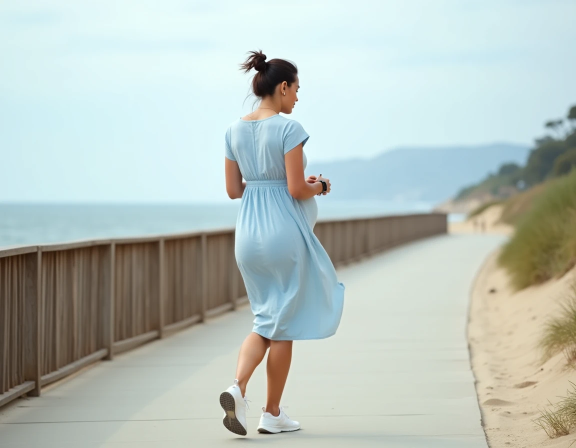 Femme enceinte vérifiant ses pas sur une montre connectée lors d'une promenade en bord de mer