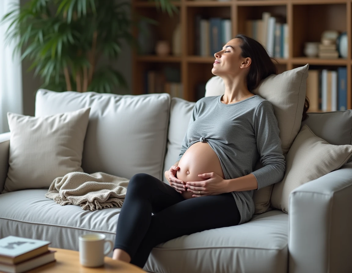 Femme enceinte assoupie sur un canapé en début d'après-midi, avec un livre de grossesse et une tasse de tisane posés sur la table basse