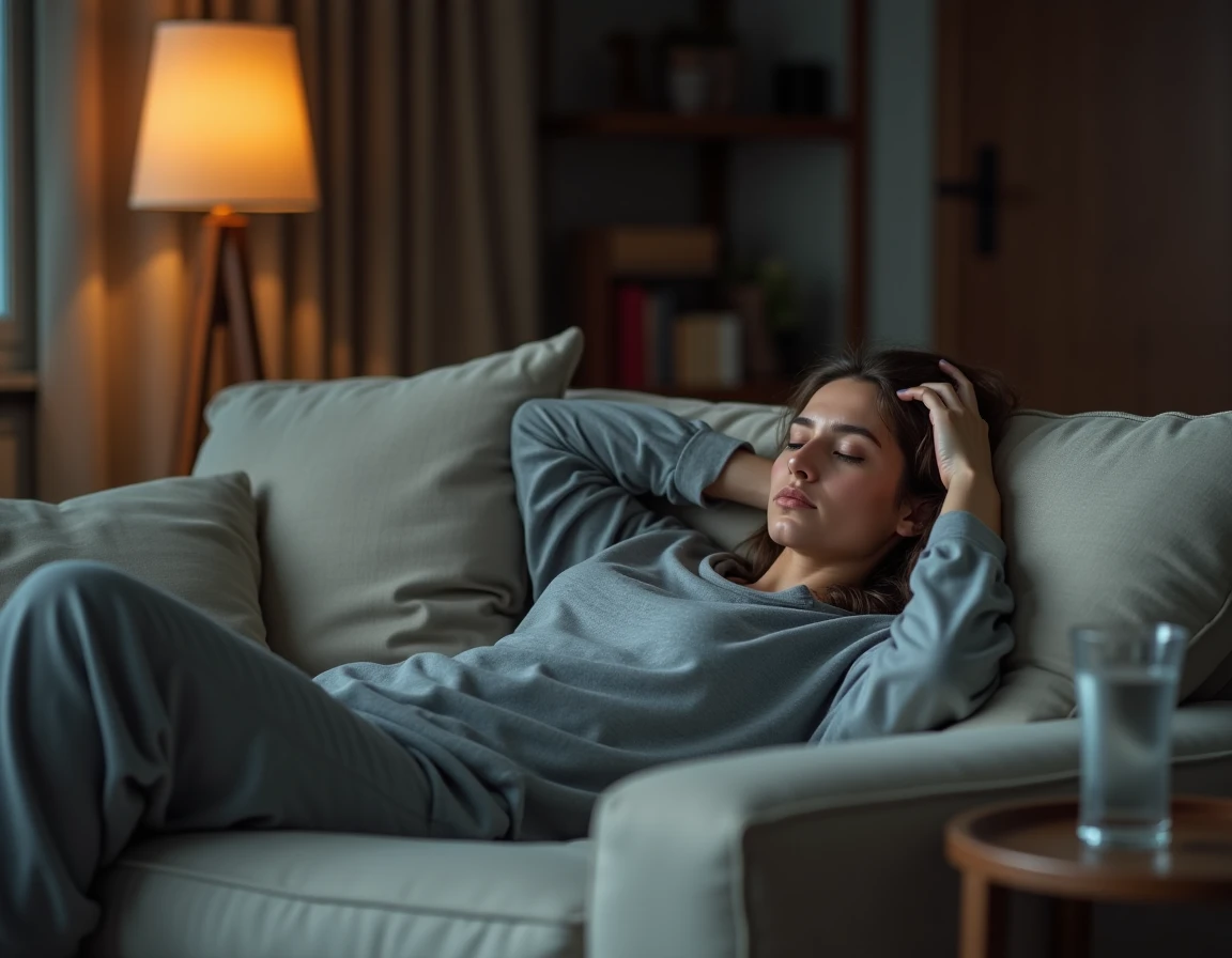 Jeune femme épuisée allongée sur un canapé, illustrant les effets du stress chronique sur le cerveau et le corps
