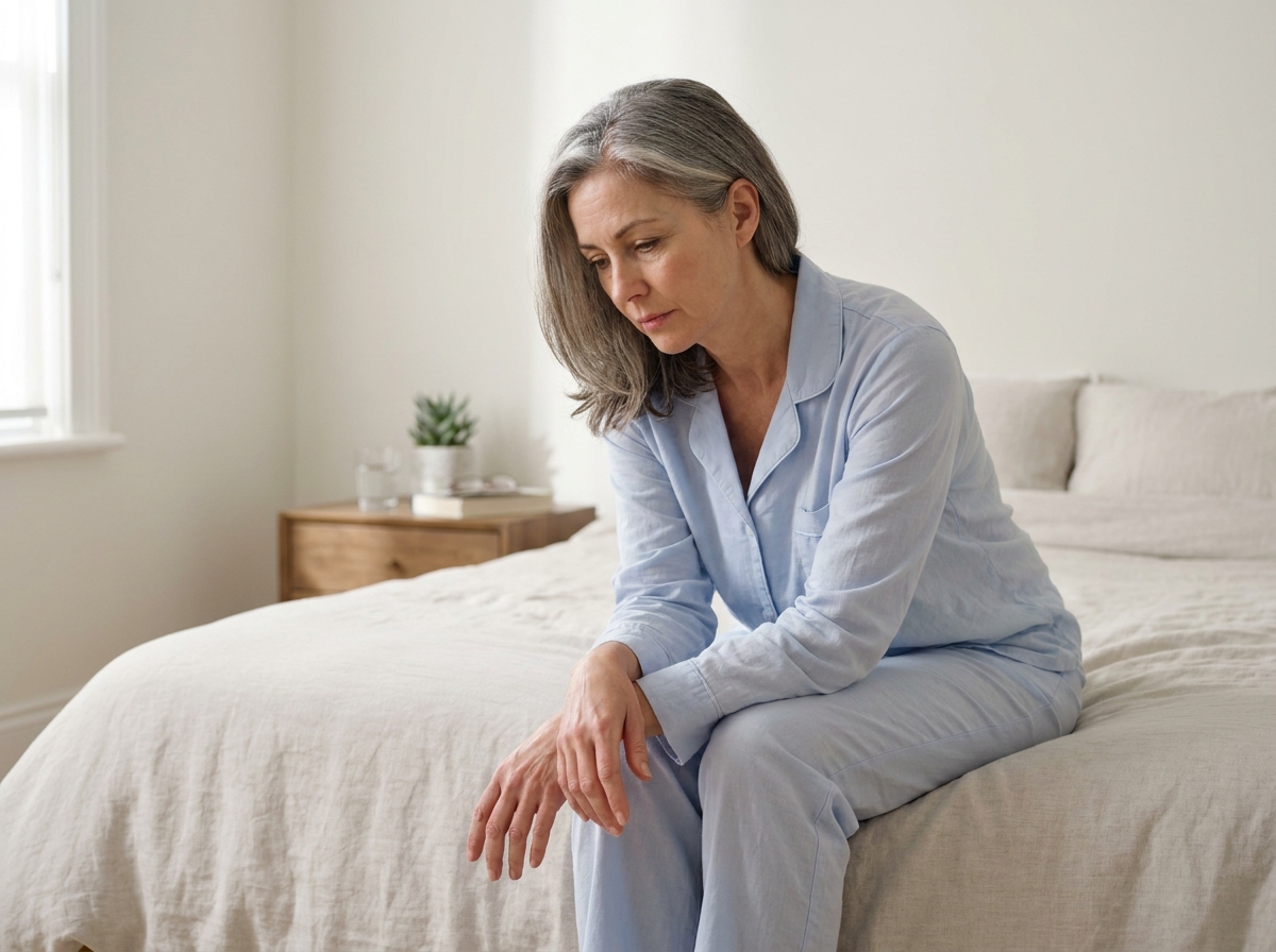 Femme d'une cinquantaine d'années assise au bord du lit en pyjama, l'air épuisée et songeuse, évoquant la fatigue durable et la difficulté à récupérer de l'énergie