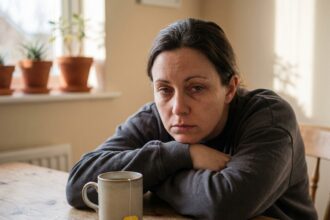 Femme fatiguée assise à une table de cuisine, les yeux lourds, les bras croisés devant une tasse de tisane, illustrant la fatigue chronique au quotidien