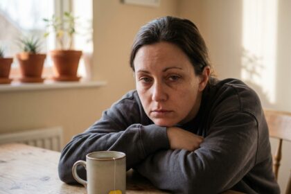 Femme fatiguée assise à une table de cuisine, les yeux lourds, les bras croisés devant une tasse de tisane, illustrant la fatigue chronique au quotidien