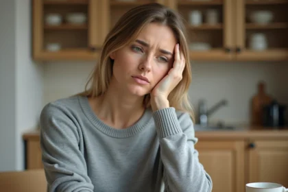Femme touchant un ganglion du côté gauche du cou avec une expression préoccupée