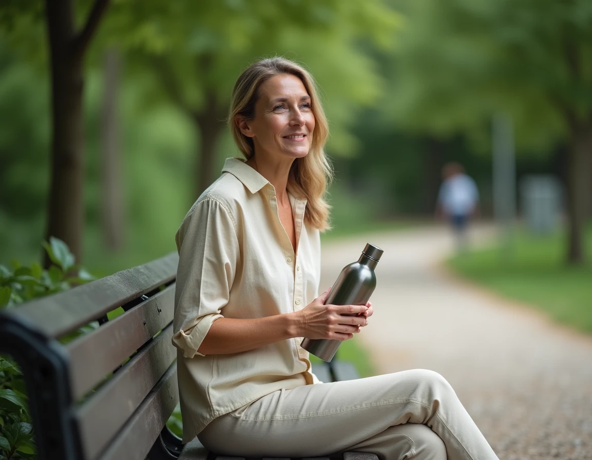 Femme assise dans un parc tenant une gourde réutilisable, représentant les habitudes d'hydratation saines pour favoriser l'amaigrissement