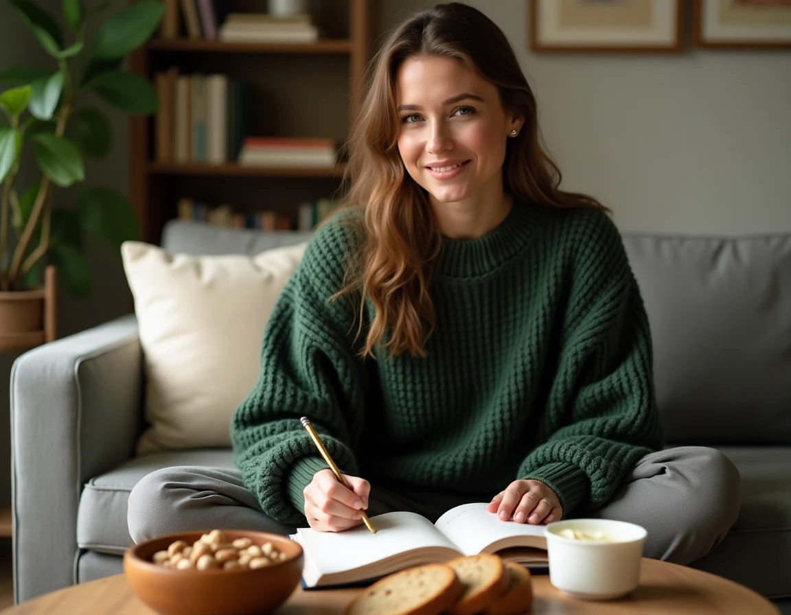 Jeune femme notant ses habitudes alimentaires dans un journal bien-être entourée d'aliments bons pour le microbiote intestinal