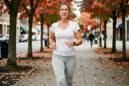 Femme marchant 10 000 pas par jour sur un trottoir urbain en automne avec un tracker de fitness au poignet