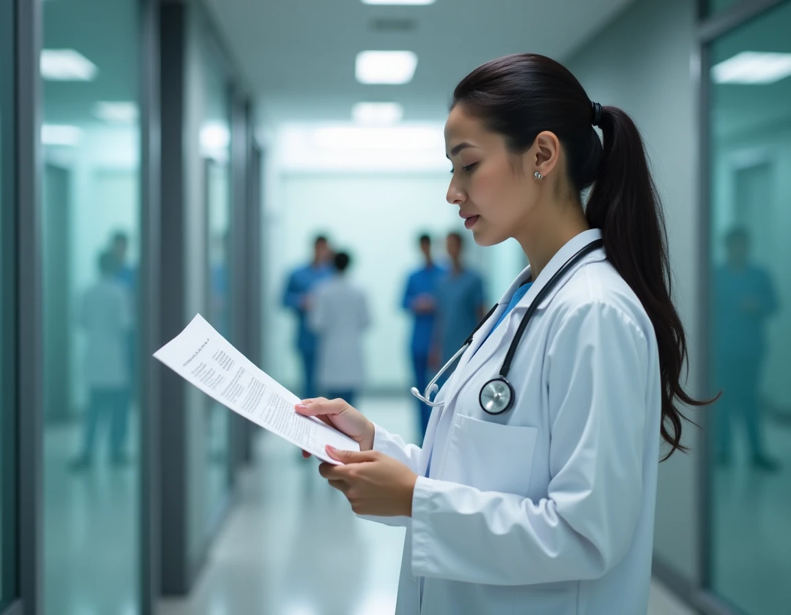 Femme médecin généraliste consultant un dossier médical dans un couloir d'hôpital moderne
