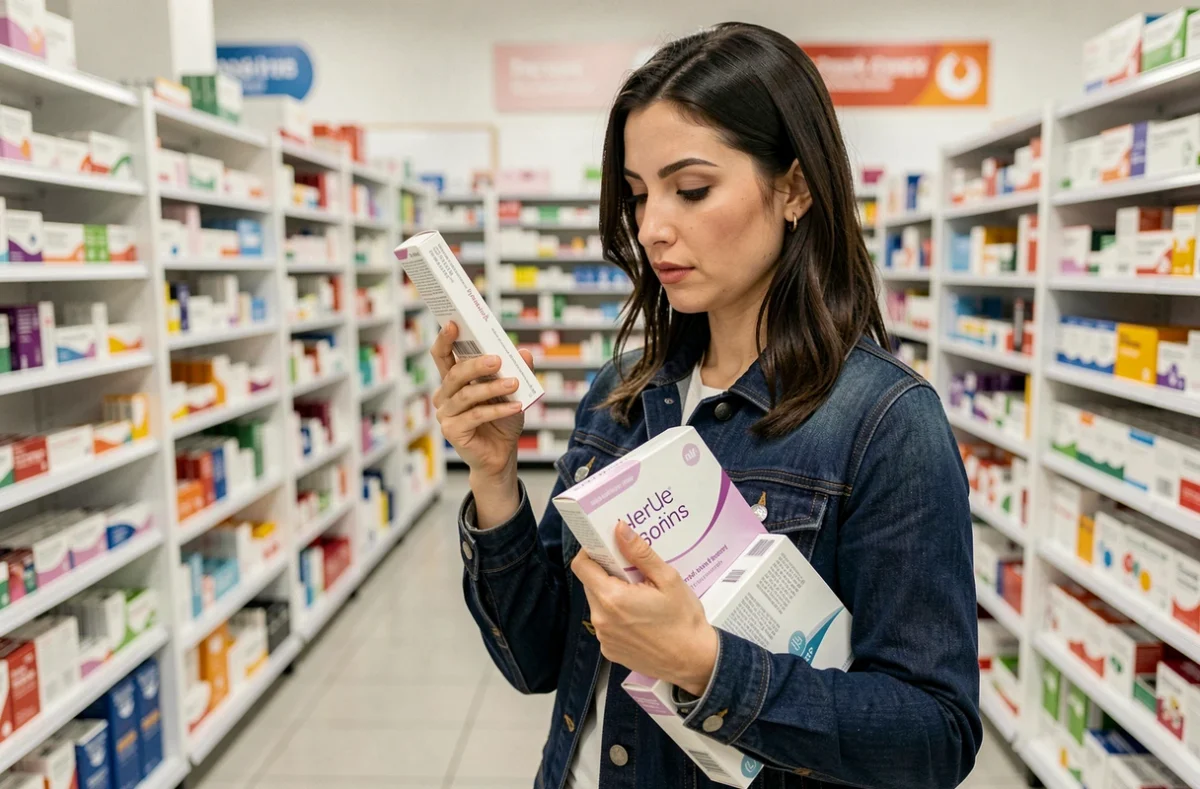 Femme en pharmacie choisissant un test de grossesse après un résultat négatif sans règles