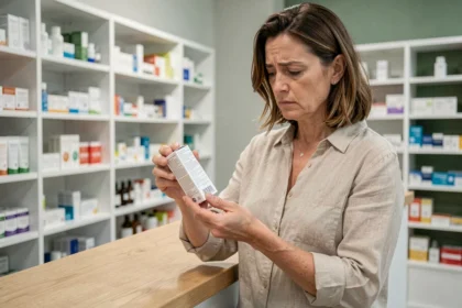 Femme lisant attentivement l'étiquette d'un produit Indiva System dans une pharmacie moderne
