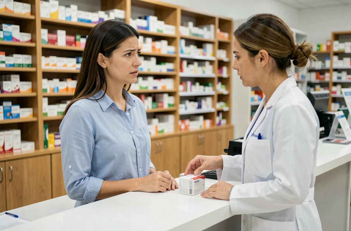 Femme discutant avec une pharmacienne à propos d'une infection à mycoplasme, consultation médicale discrète en pharmacie