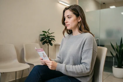Femme assise dans une salle d'attente gynécologique tenant une brochure médicale, illustrant le dépistage des IST silencieuses