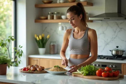 Femme sportive préparant un repas sain équilibré dans une cuisine moderne pour optimiser ses résultats avec le système Indiva