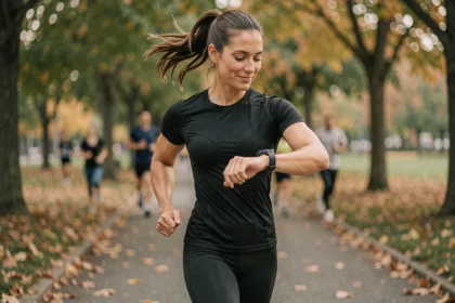 Femme sportive qui court dans un parc et consulte son tensiomètre connecté en montre pendant l'effort