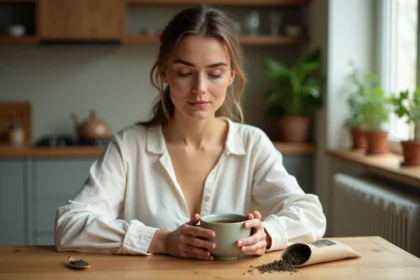 Femme tenant une tasse de thé détox aux herbes dans une cuisine moderne, illustrant la consommation du thé Lulutox