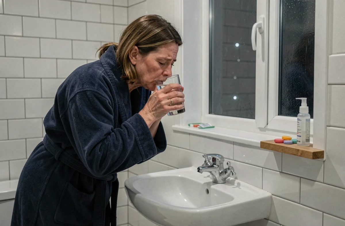 Femme en robe de chambre dans la salle de bain la nuit buvant de l'eau pour calmer une toux persistante