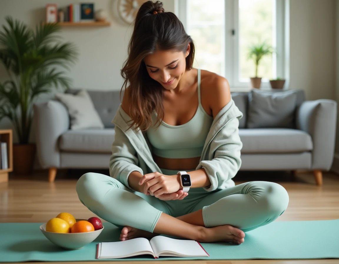 Jeune femme consultant un tracker de sommeil entourée de son journal nutritionnel, reliant suivi du sommeil et contrôle du poids