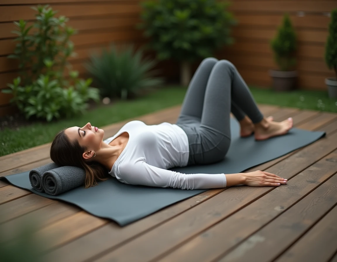 Femme allongée sur un tapis de yoga en plein air pratiquant une relaxation profonde pour calmer les nerfs crâniens