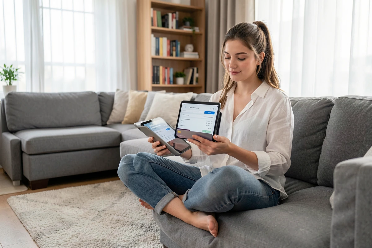 Jeune femme finalisant un achat en ligne en toute sécurité avec sa carte bancaire et une tablette sur son canapé