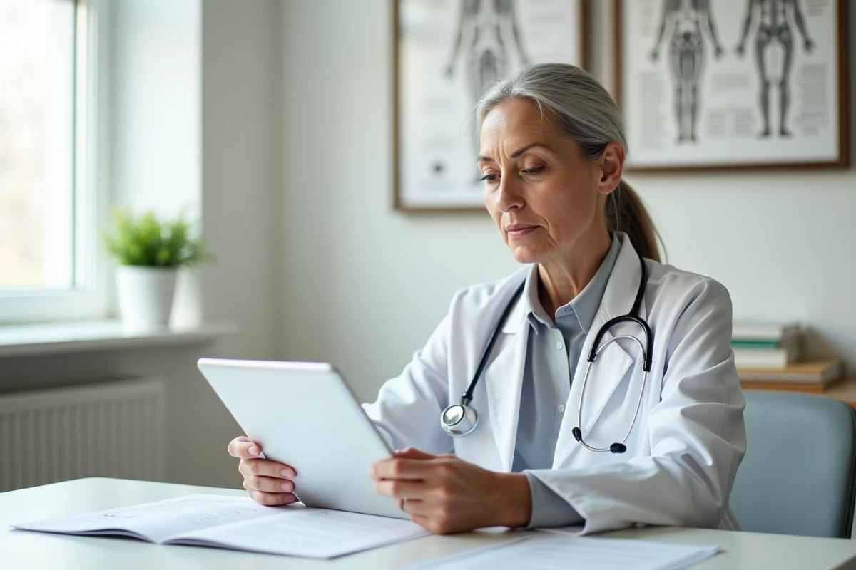 Médecin femme en consultation examinant des documents médicaux liés aux maladies auto-immunes