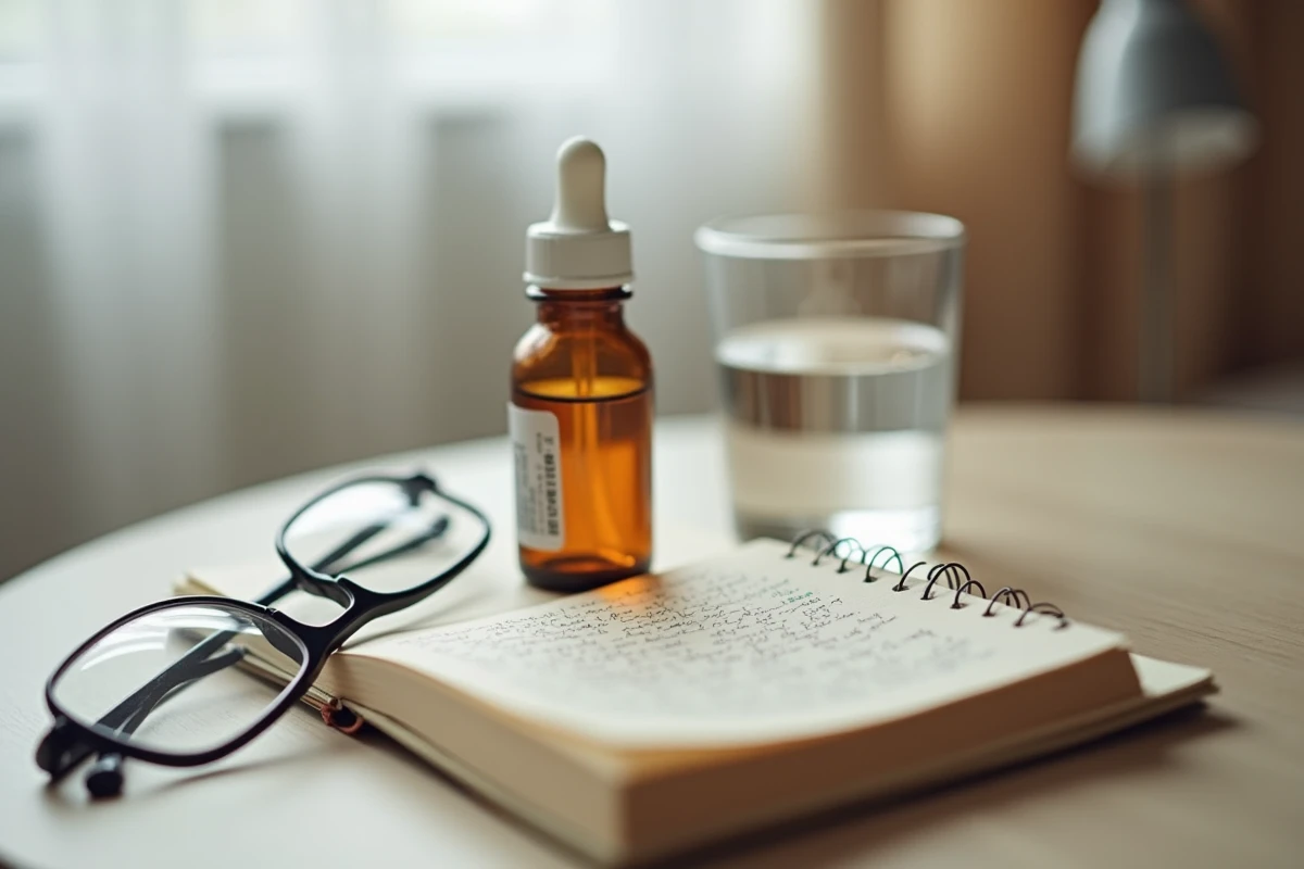 Nature morte avec médicaments, journal personnel et lunettes illustrant la vie quotidienne avec une maladie auto-immune