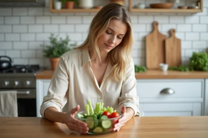 Femme choisissant des légumes croquants faibles en calories comme grignotage sain dans une cuisine moderne