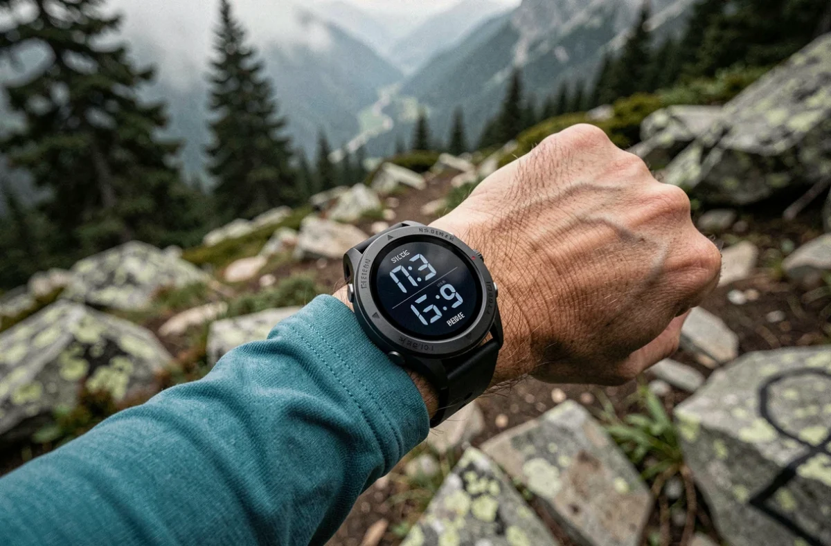 Gros plan sur une montre tensiomètre connectée affichant la tension artérielle lors d'une sortie trail en montagne