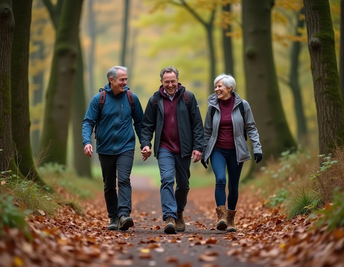 Groupe d'adultes en randonnée dans une forêt de feuillus en automne, souriant et marchant ensemble sur un chemin couvert de feuilles, bienfaits sociaux et physiques de la marche en nature